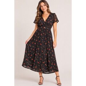 Madewell Women's Size 10 Black Floral Midi Dress Flutter Sleeve V Neck